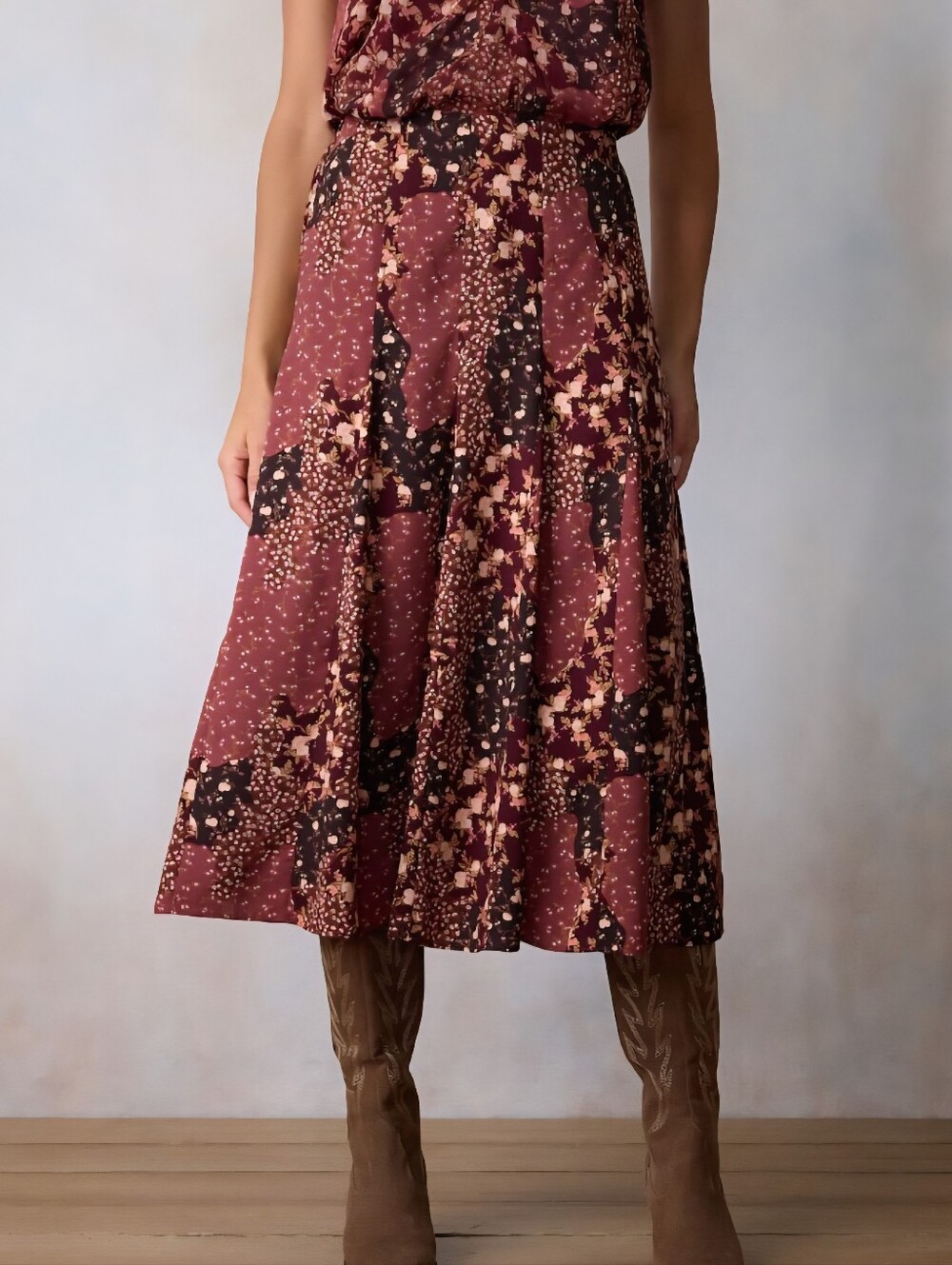 LC Lauren Conrad Maroon Floral Print Midi Skirt | Size XL - NWT